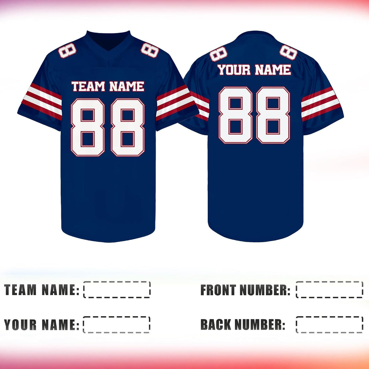 Custom Navy Football Jersey with Red and White Triple Sleeve Stripes