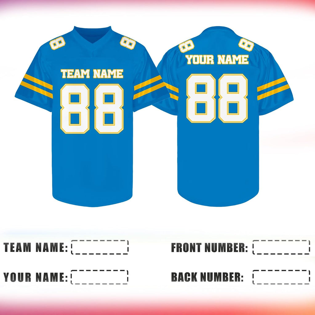 Custom Blue Football Jersey with Gold Double Sleeve Stripes