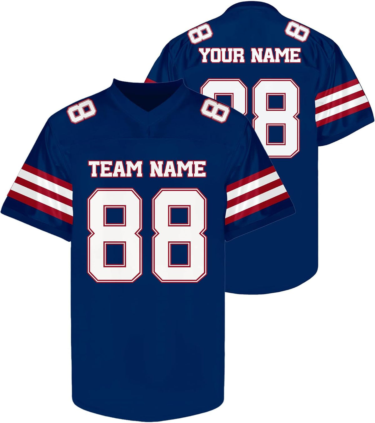 Custom Navy Football Jersey with Red and White Triple Sleeve Stripes