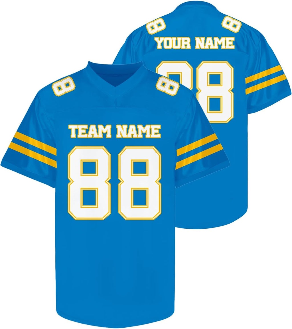Custom Blue Football Jersey with Gold Double Sleeve Stripes