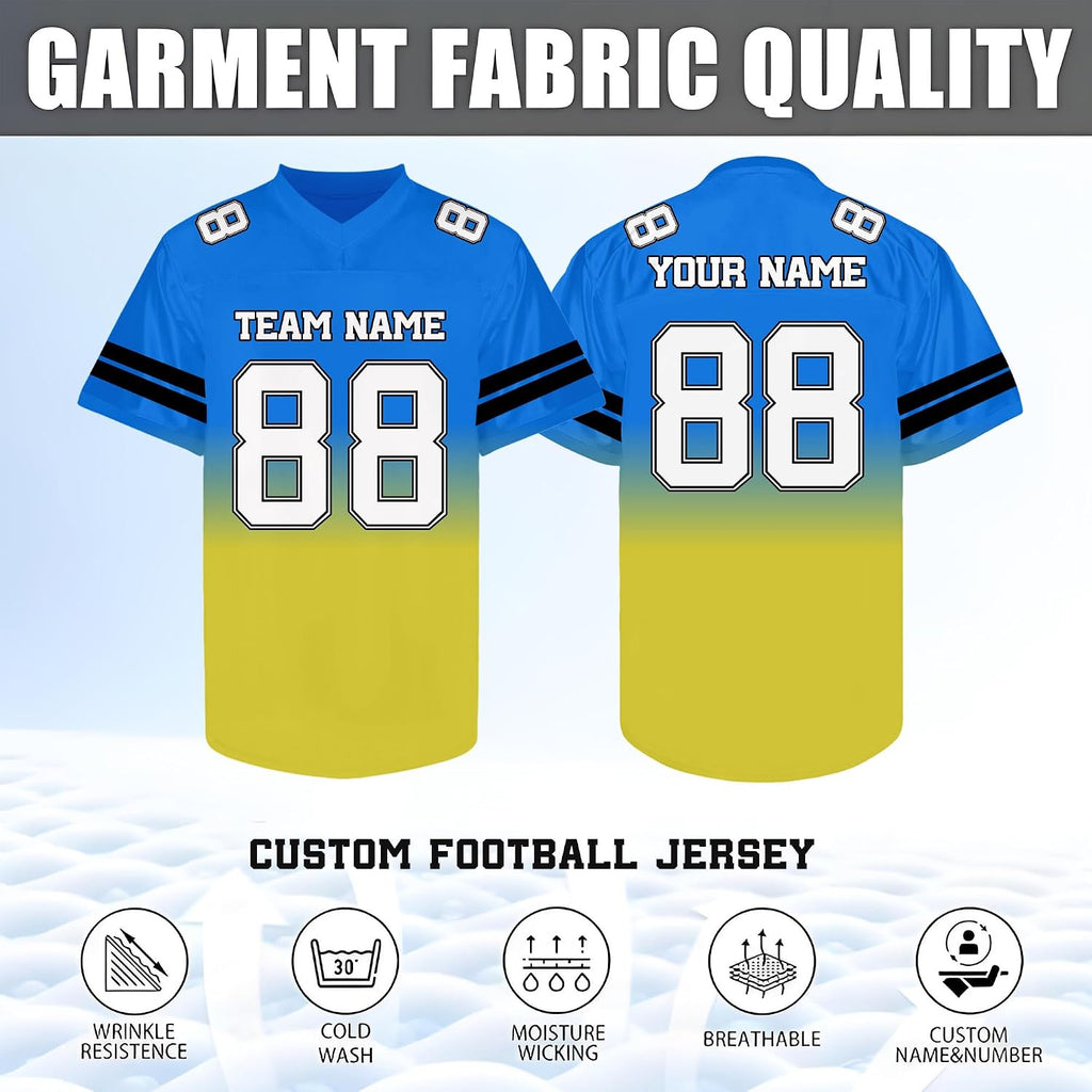 Custom Blue and Yellow Gradient Football Jersey Personalized Name and Number Team Uniform