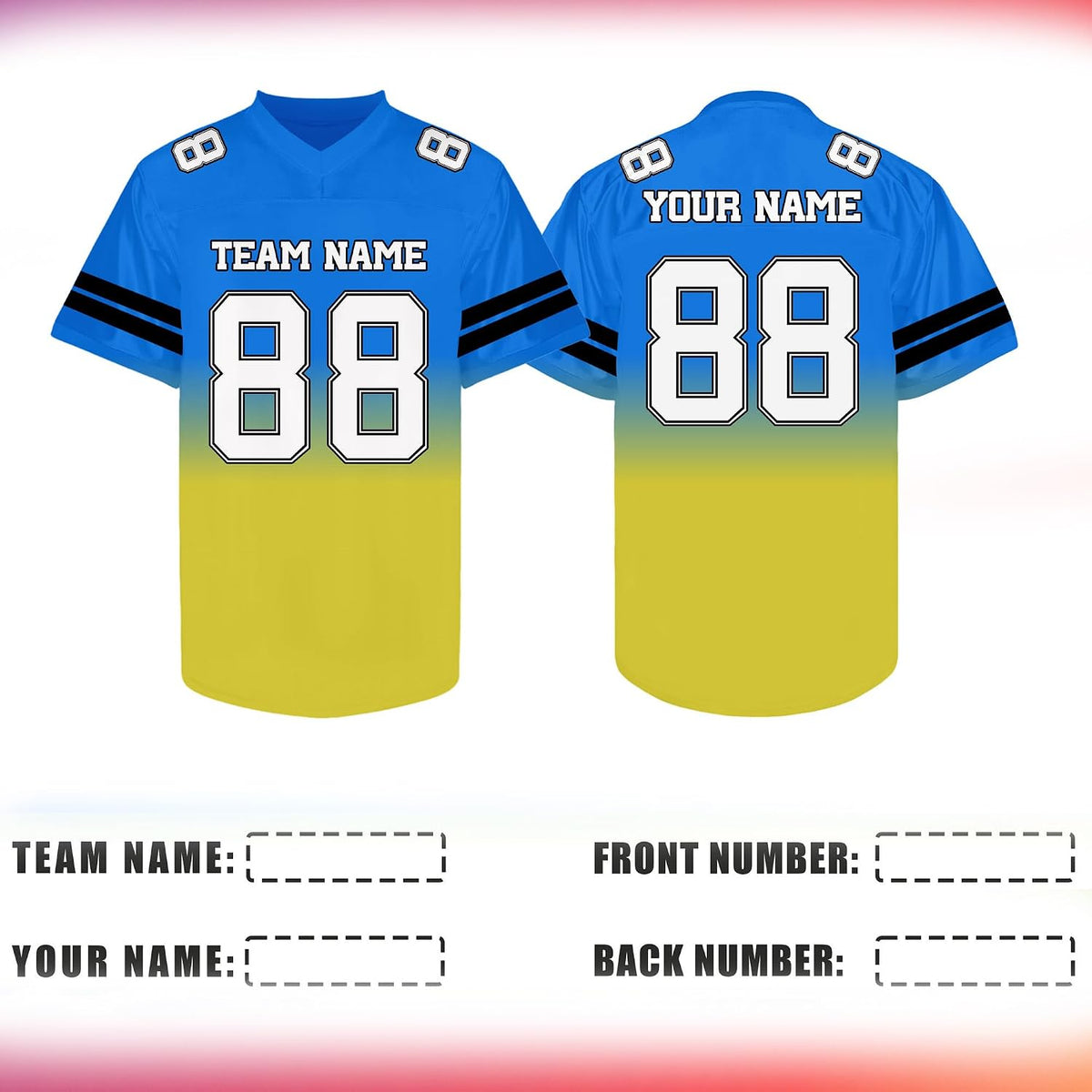 Custom Blue and Yellow Gradient Football Jersey Personalized Name and Number Team Uniform