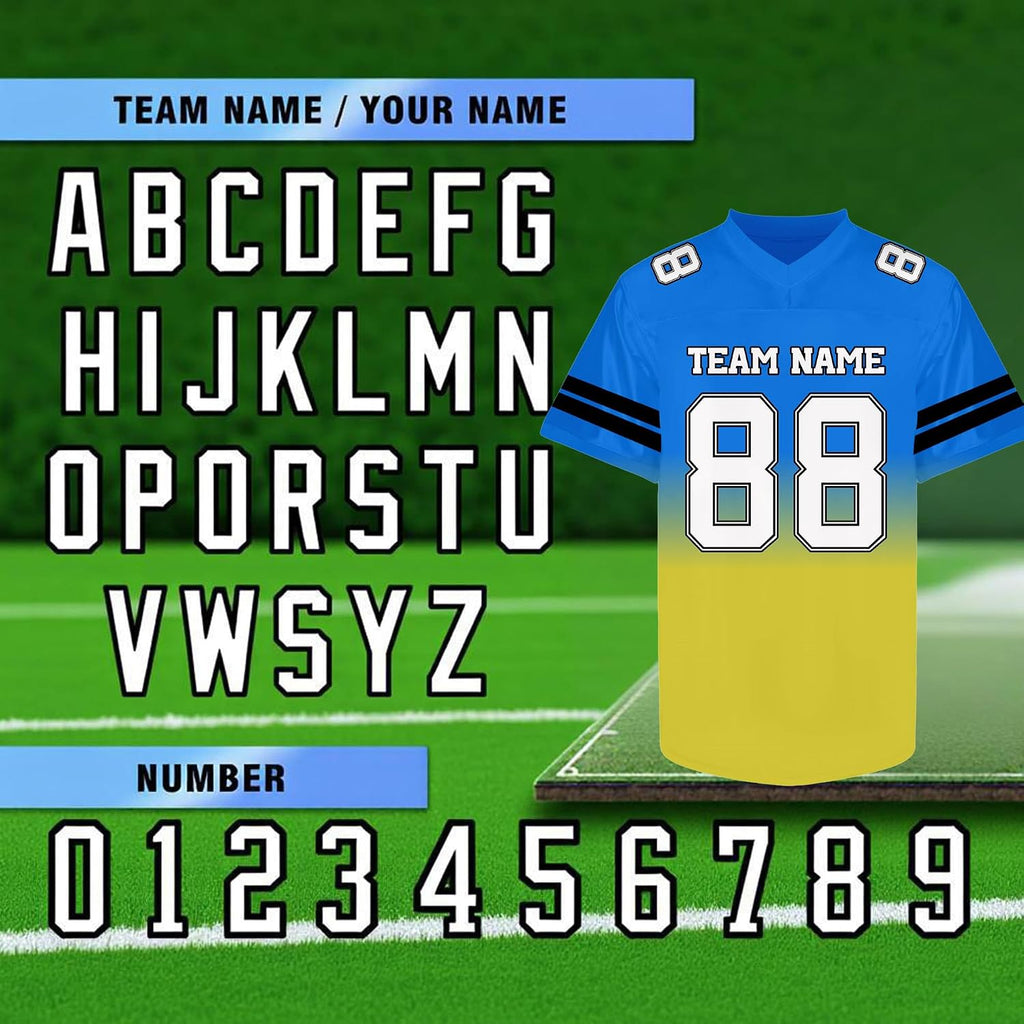 Custom Blue and Yellow Gradient Football Jersey Personalized Name and Number Team Uniform