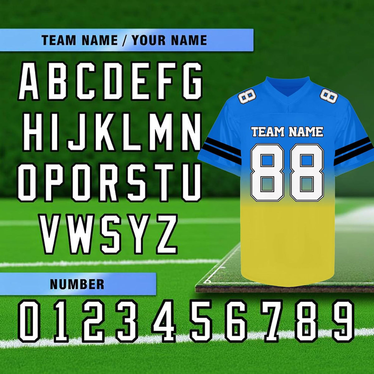 Custom Blue and Yellow Gradient Football Jersey Personalized Name and Number Team Uniform