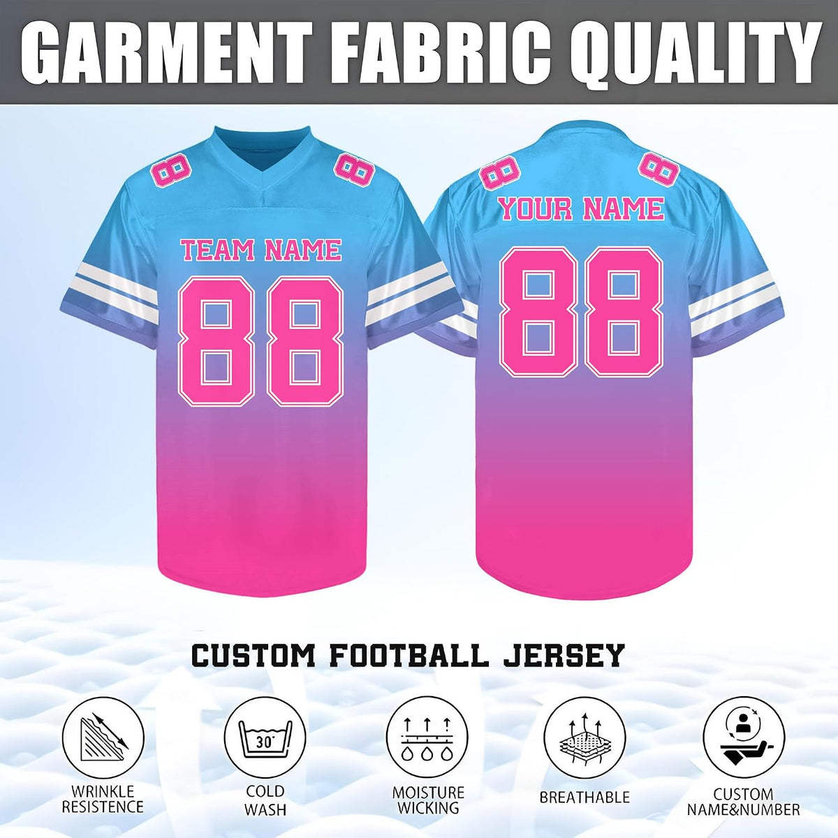 Custom Blue Pink Gradient Football Jersey Personalized Name and Number Team Uniform