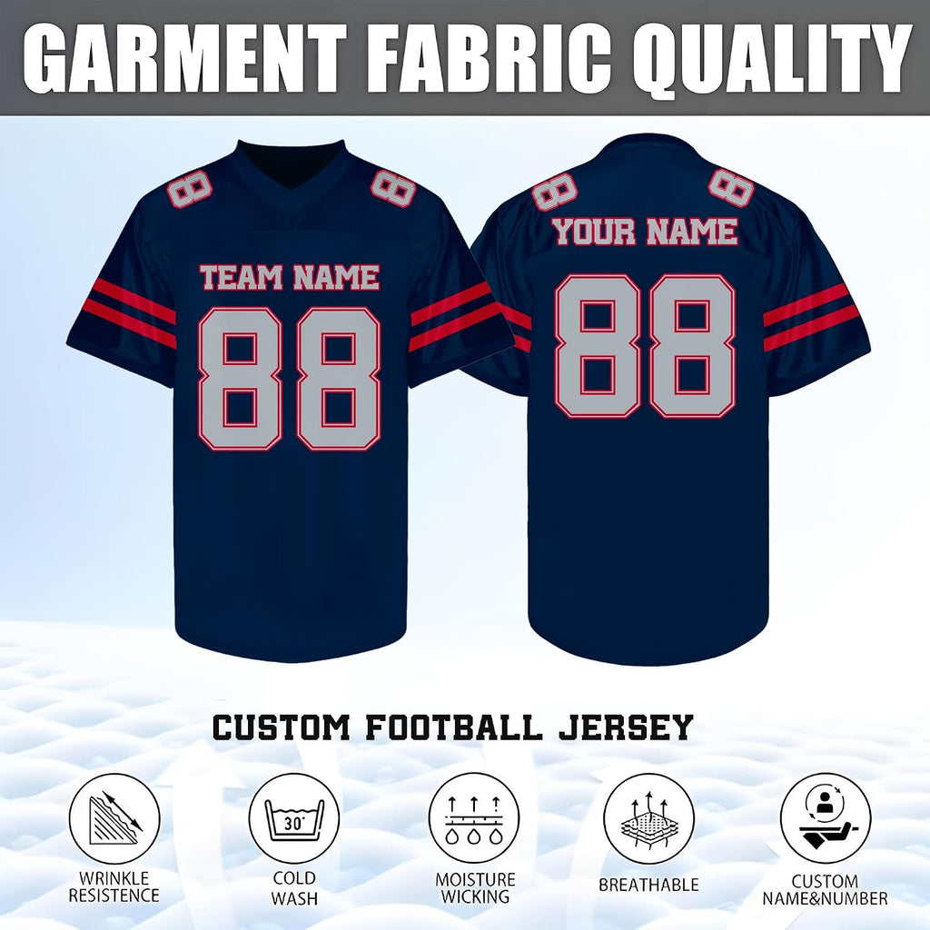Custom Navy Football Jersey with Red Double Sleeve Stripes
