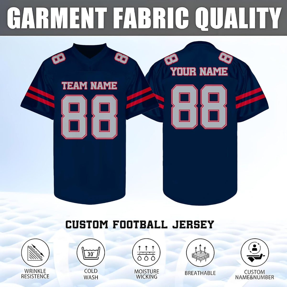 Custom Navy Football Jersey with Red Double Sleeve Stripes