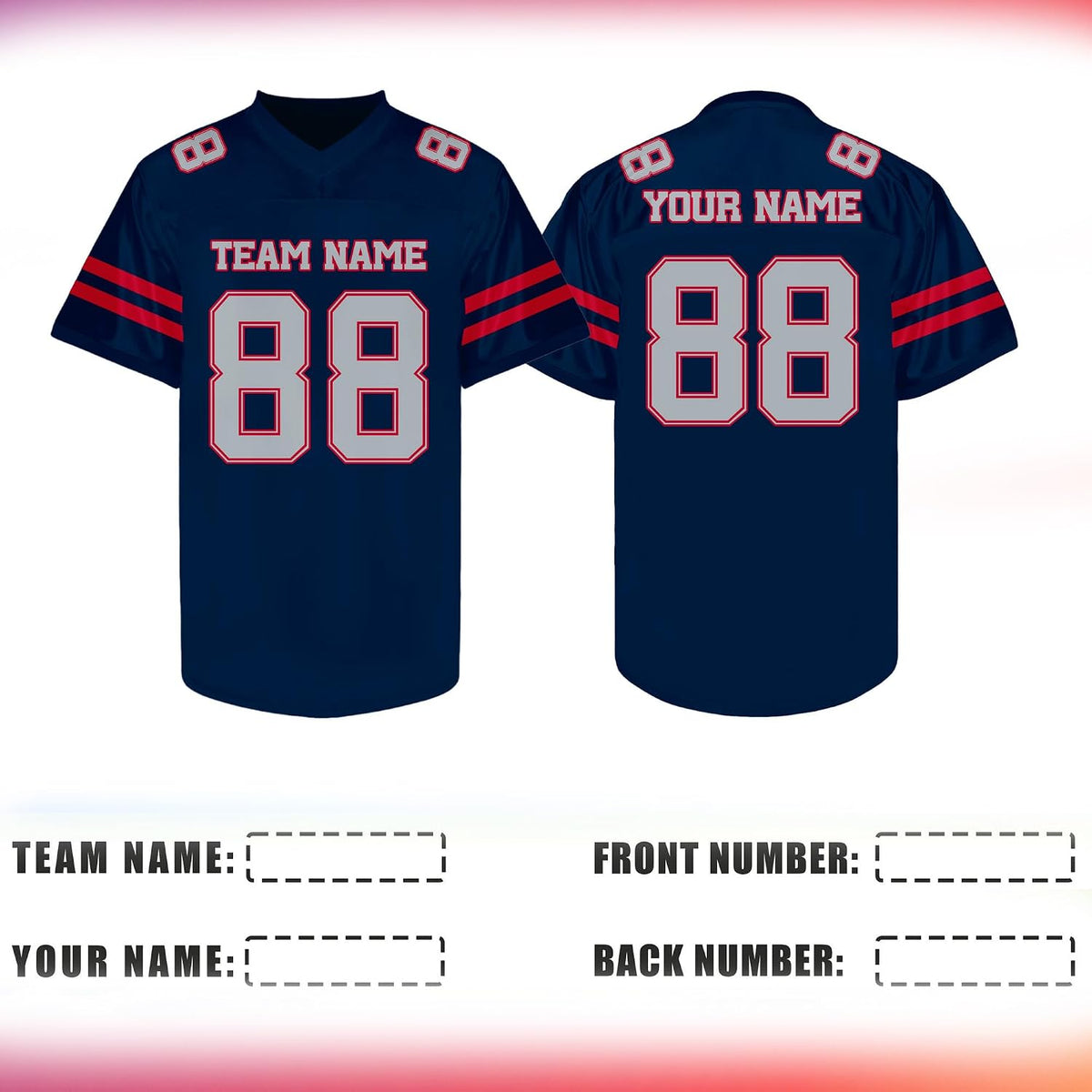Custom Navy Football Jersey with Red Double Sleeve Stripes
