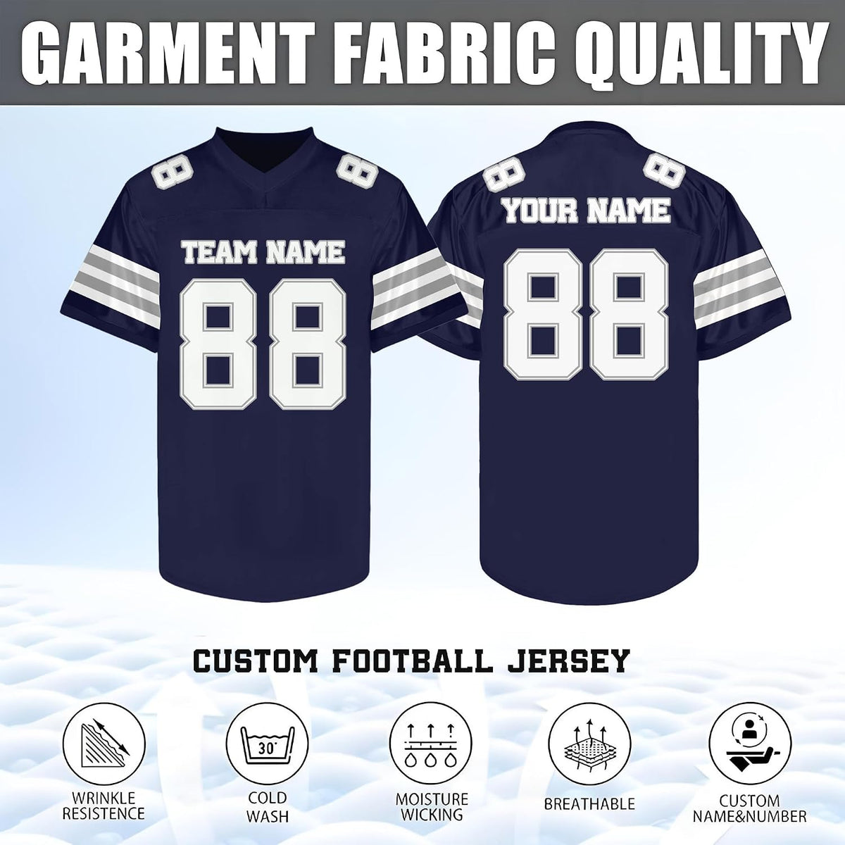 Custom Navy Football Jersey with Silver and White Triple Sleeve Stripes
