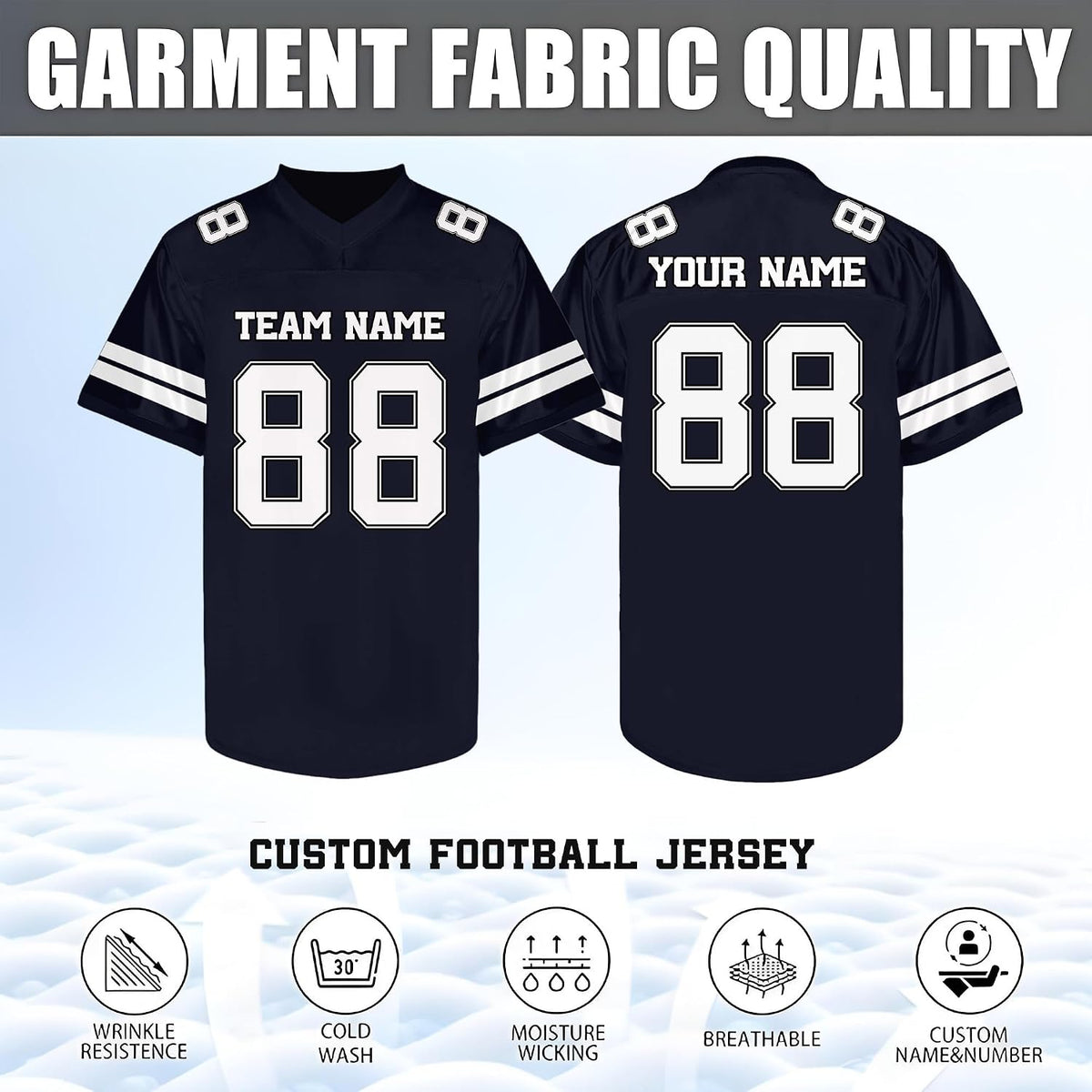 Custom Navy Football Jersey with White Double Sleeve Stripes