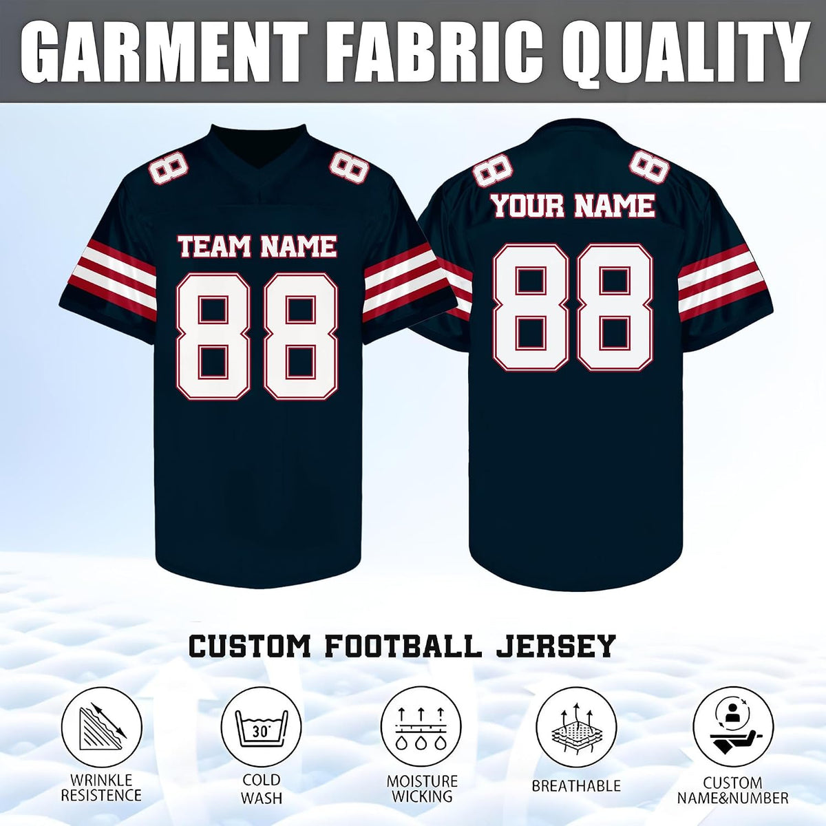 Custom Navy Blue and White Football Jersey with Sleeve Stripes