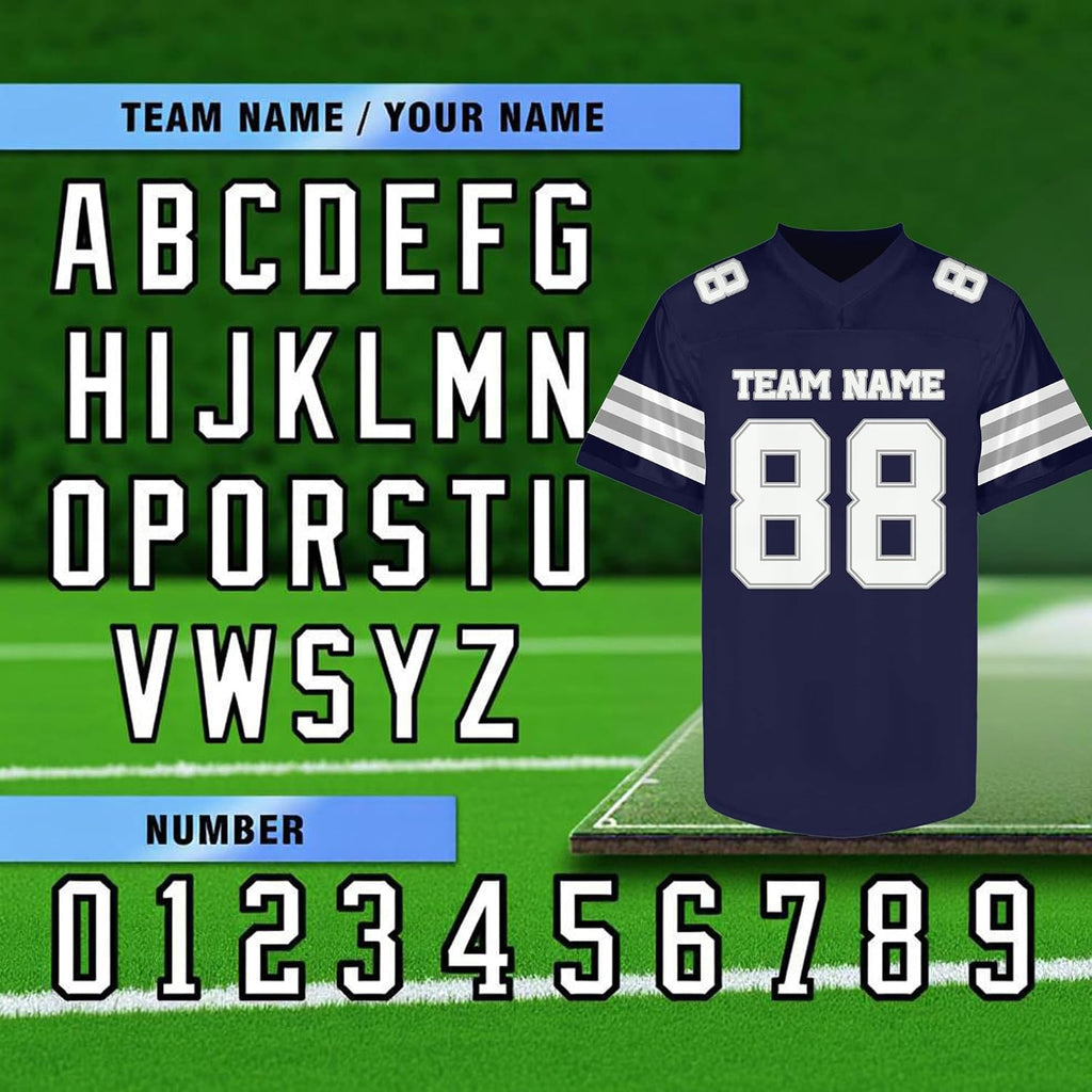 Custom Navy Football Jersey with Silver and White Triple Sleeve Stripes