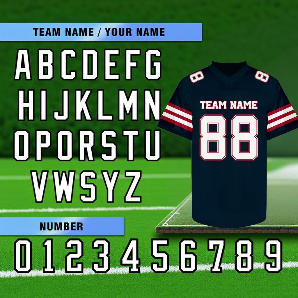 Custom Navy Blue and White Football Jersey with Sleeve Stripes