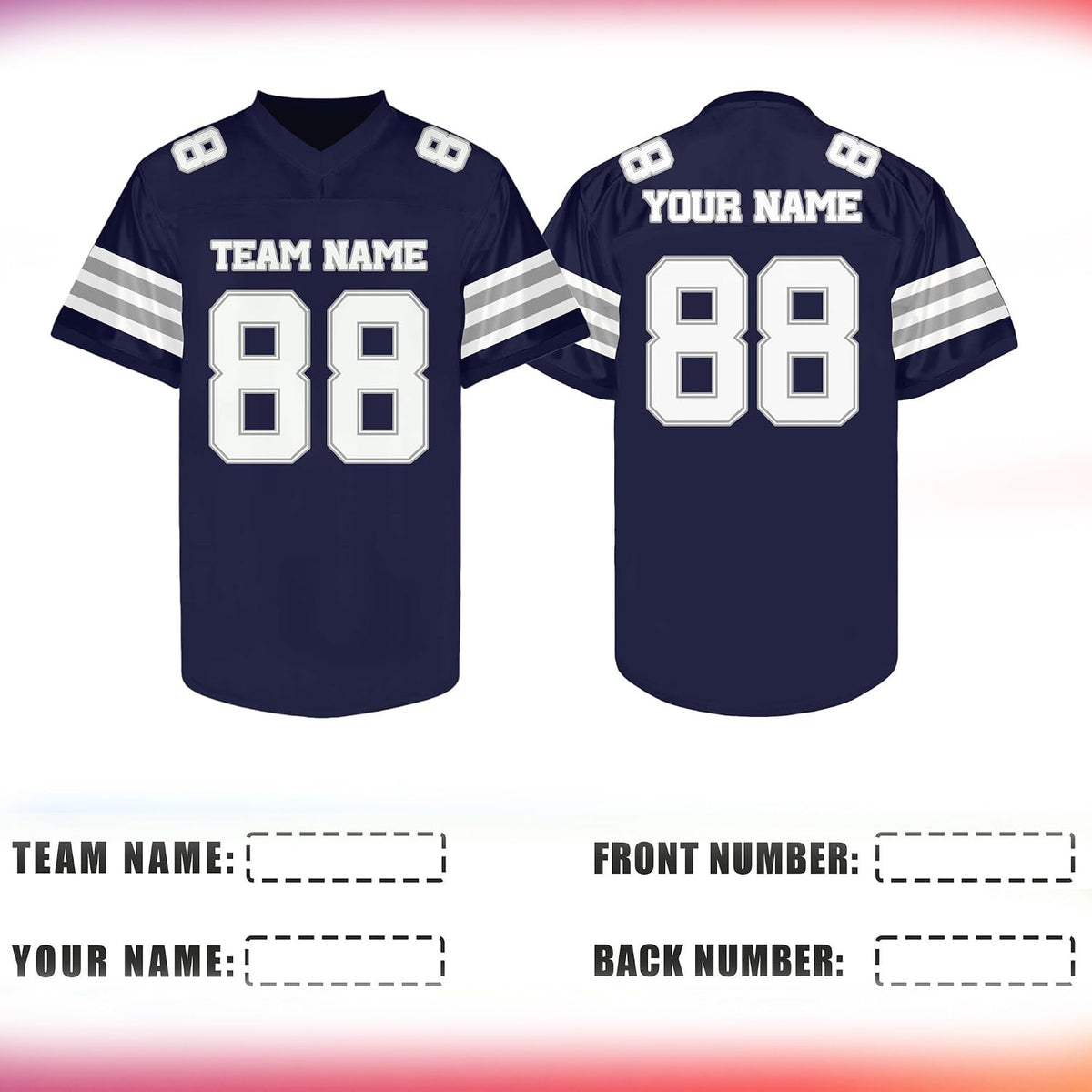 Custom Navy Football Jersey with Silver and White Triple Sleeve Stripes