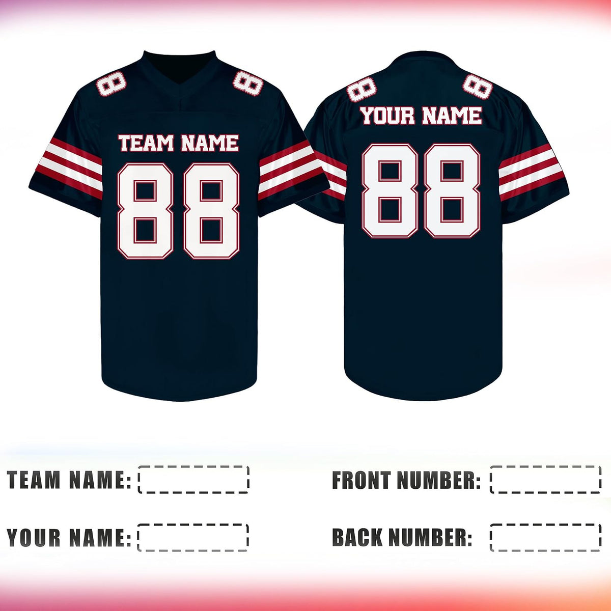 Custom Navy Blue and White Football Jersey with Sleeve Stripes