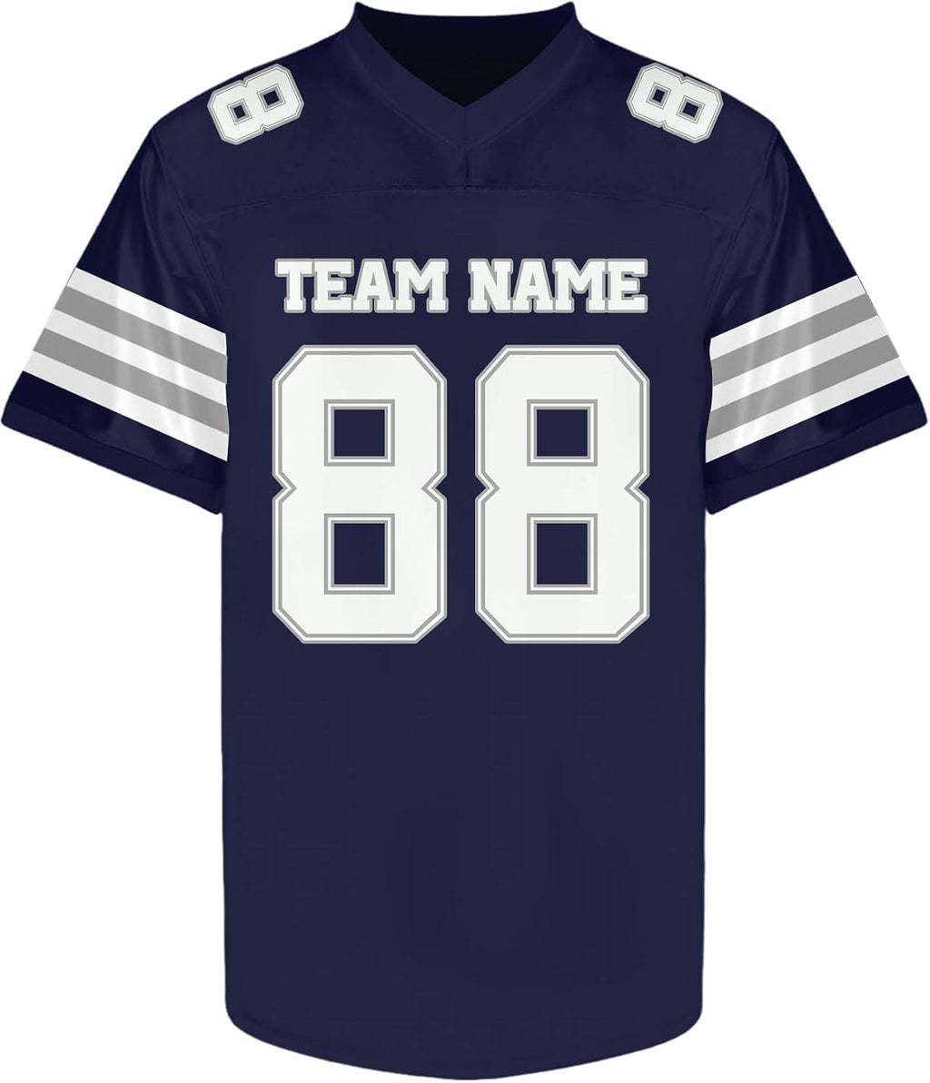 Custom Navy Football Jersey with Silver and White Triple Sleeve Stripes