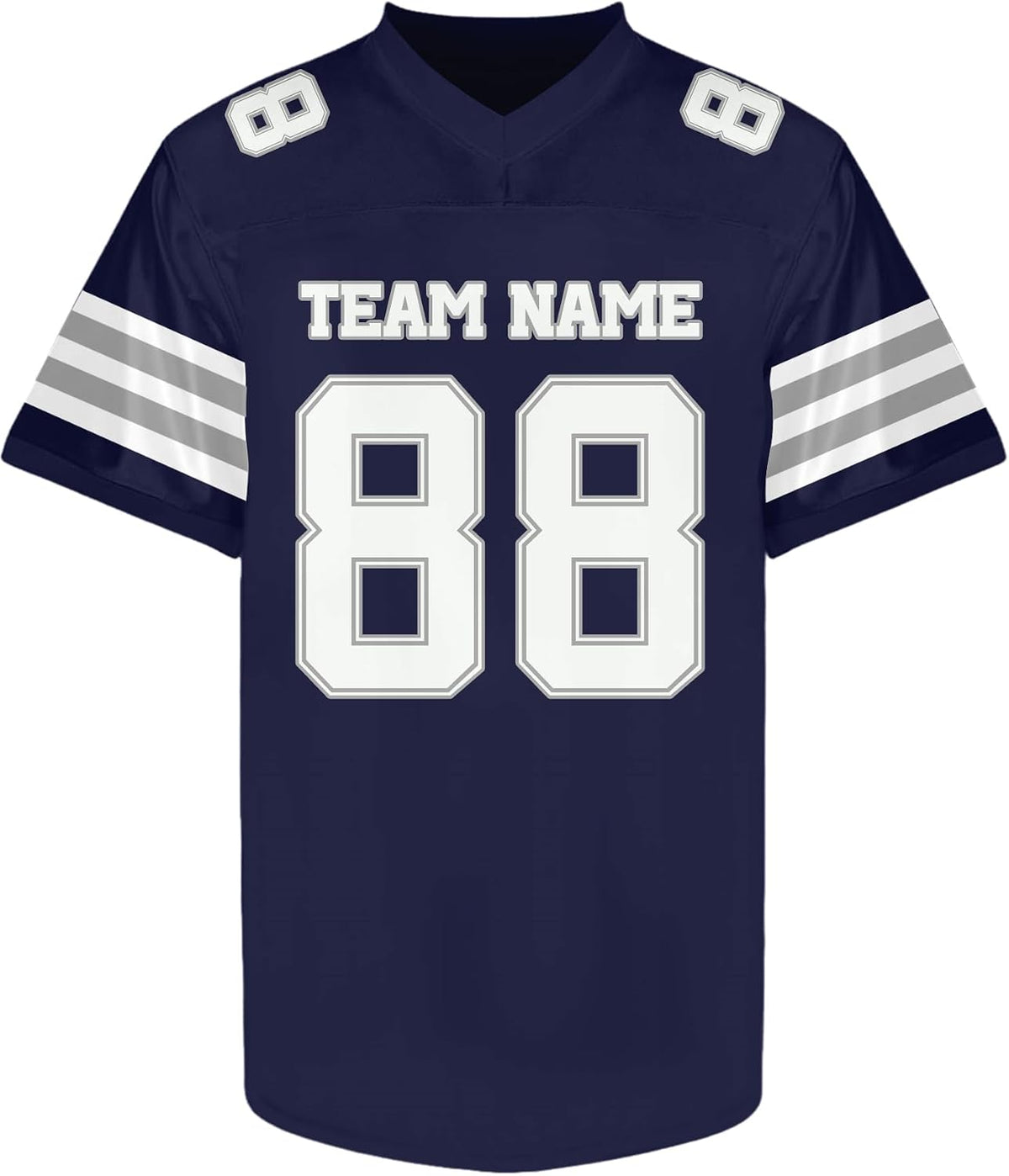 Custom Navy Football Jersey with Silver and White Triple Sleeve Stripes