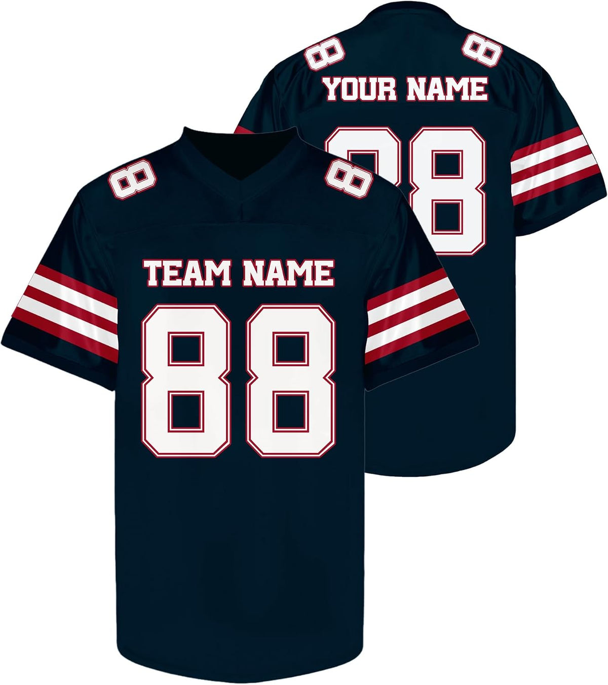 Custom Navy Blue and White Football Jersey with Sleeve Stripes