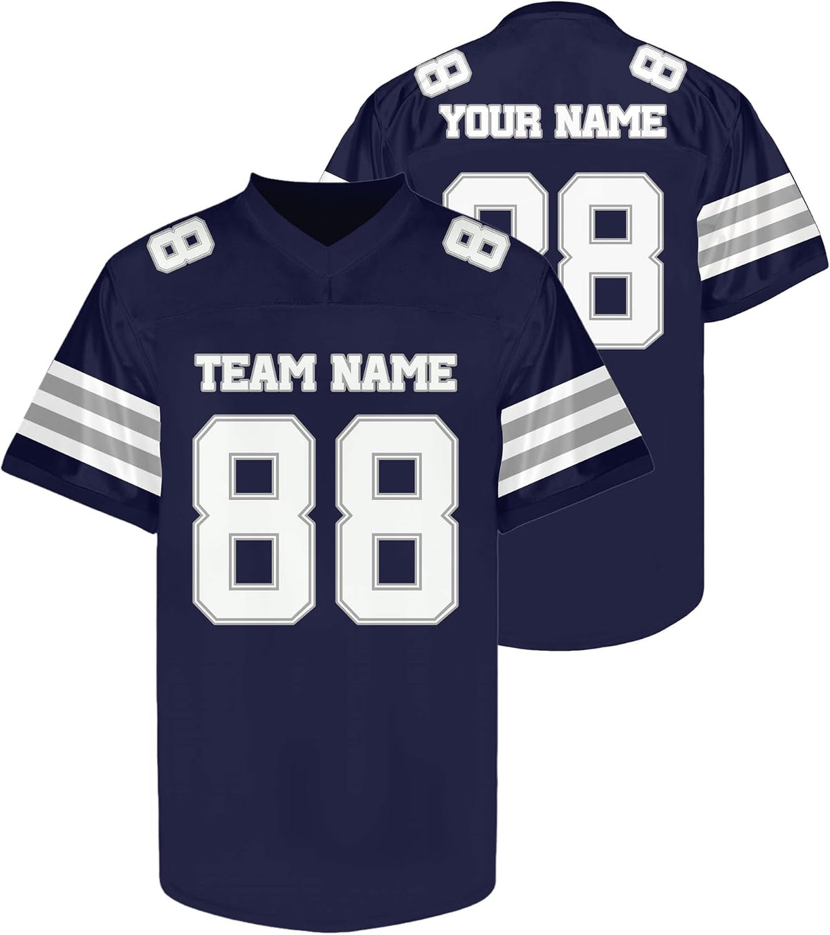 Custom Navy Football Jersey with Silver and White Triple Sleeve Stripes