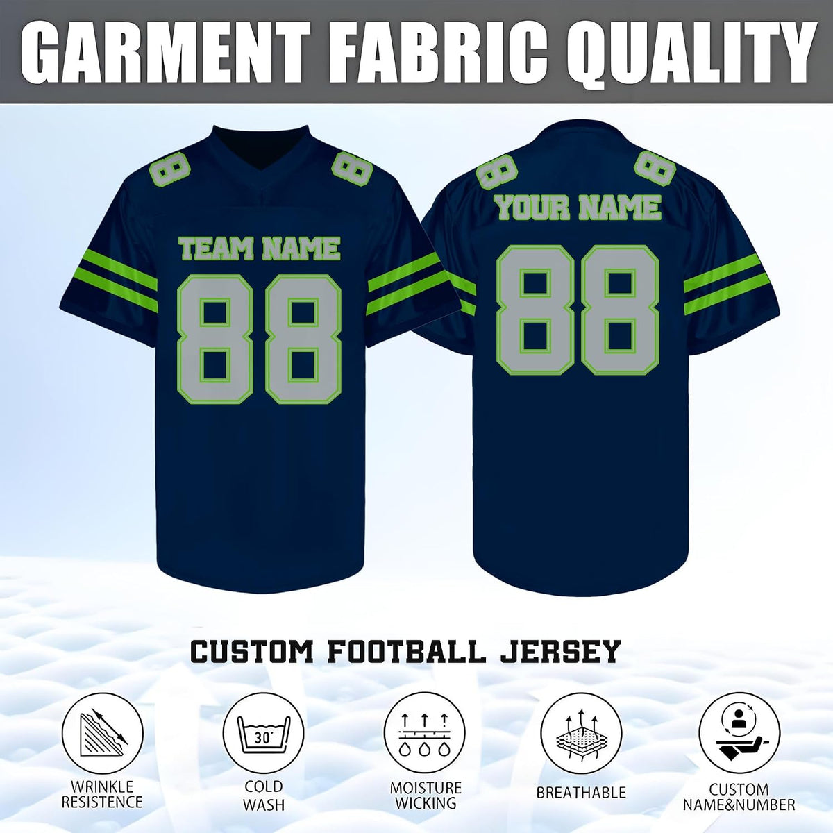 Custom Navy and Lime Green Football Jersey Personalized Name and Number Team Uniform