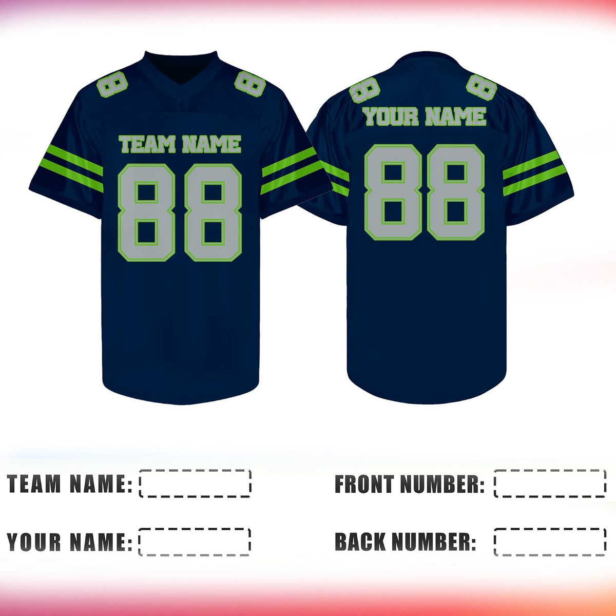 Custom Navy and Lime Green Football Jersey Personalized Name and Number Team Uniform