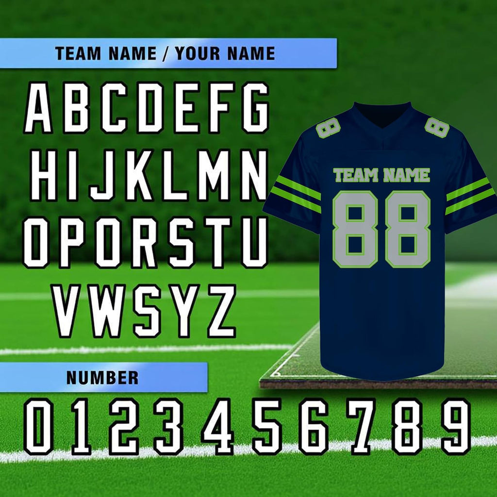 Custom Navy and Lime Green Football Jersey Personalized Name and Number Team Uniform