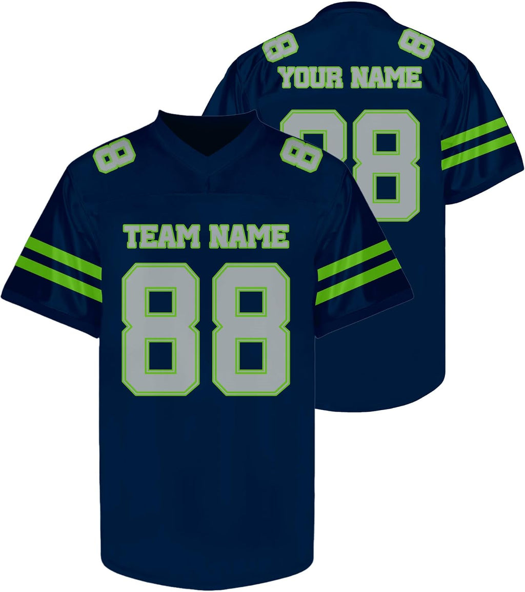 Custom Navy and Lime Green Football Jersey Personalized Name and Number Team Uniform