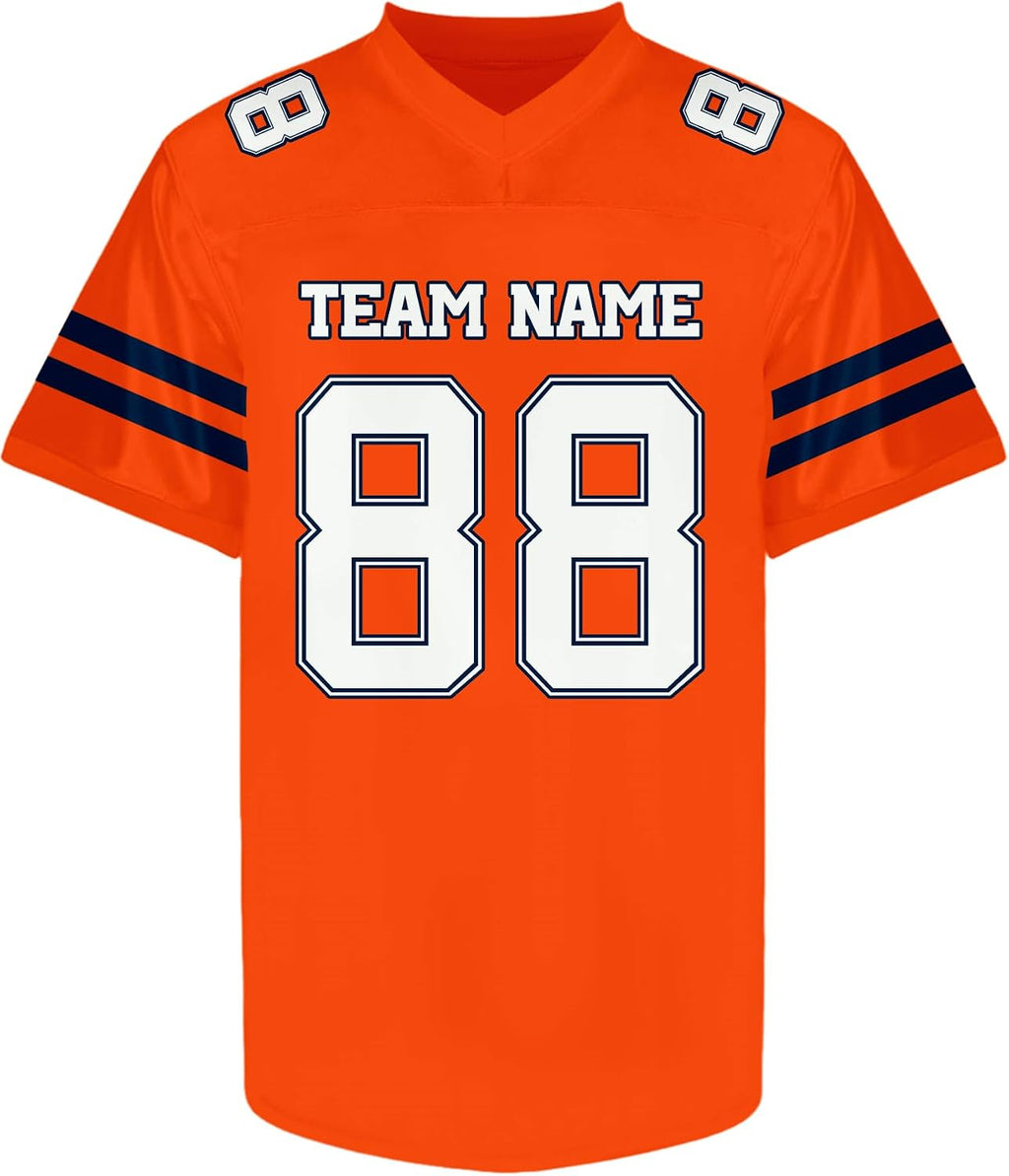 Custom Orange and White Football Jersey with Navy Sleeve Stripes