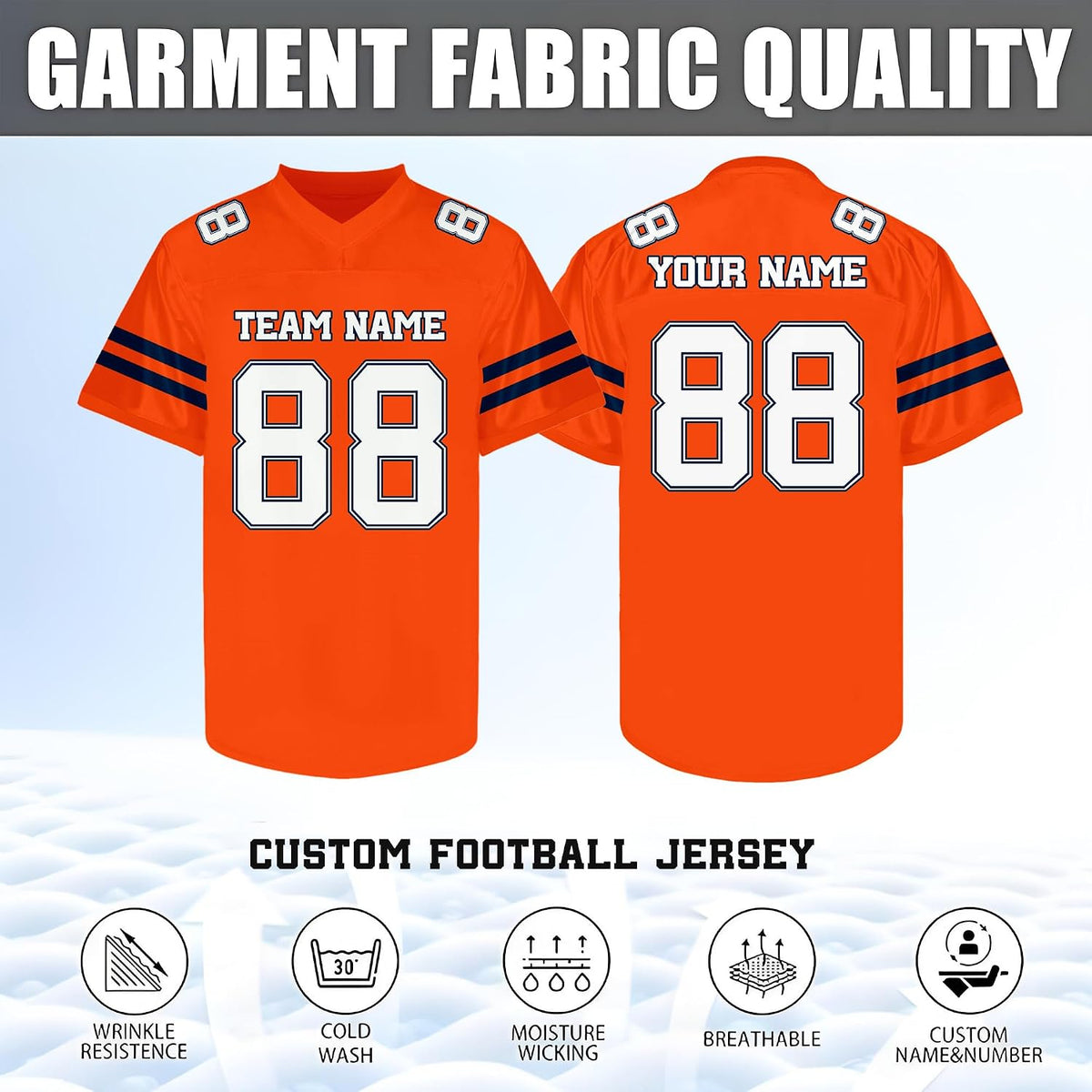 Custom Orange and White Football Jersey with Navy Sleeve Stripes