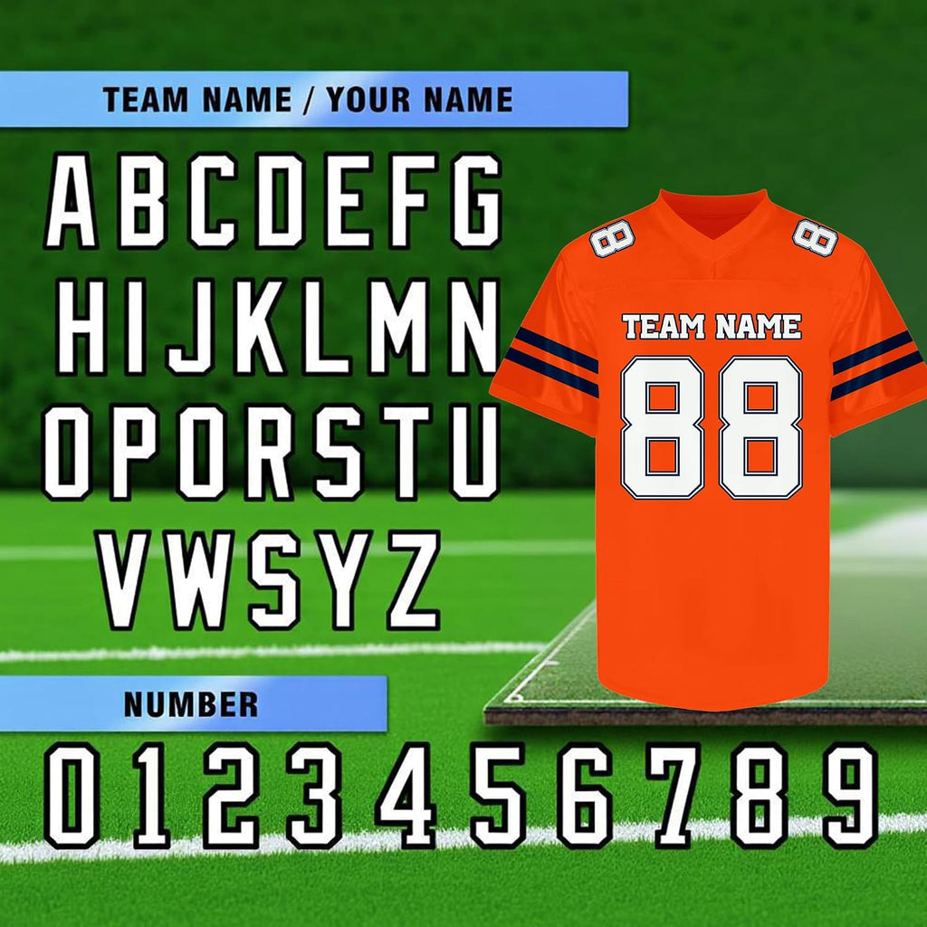 Custom Orange and White Football Jersey with Navy Sleeve Stripes