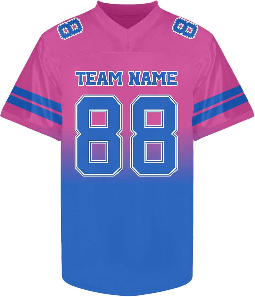 Custom Pink to Blue Gradient Football Jersey with Blue Sleeve Stripes