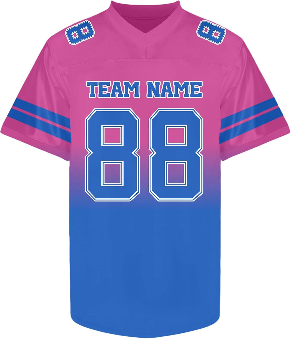 Custom Pink to Blue Gradient Football Jersey with Blue Sleeve Stripes