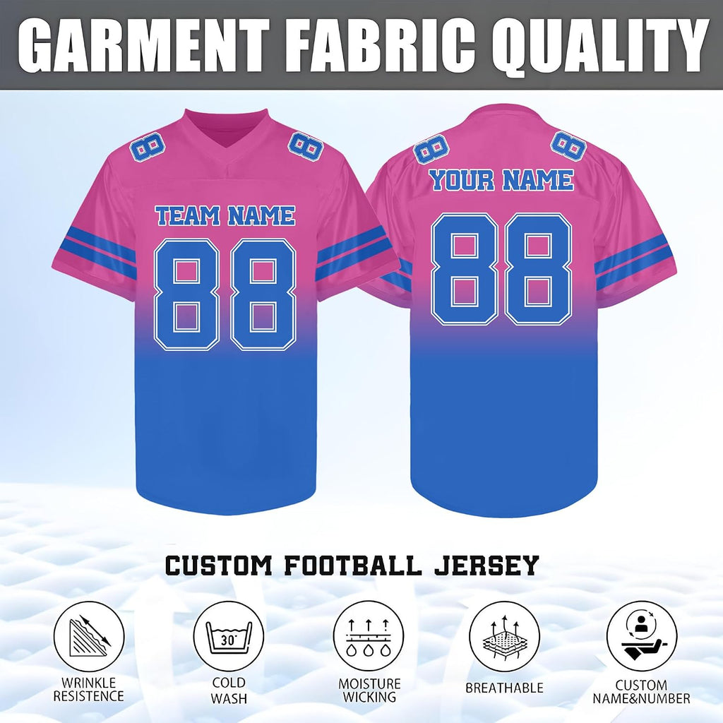 Custom Pink to Blue Gradient Football Jersey with Blue Sleeve Stripes
