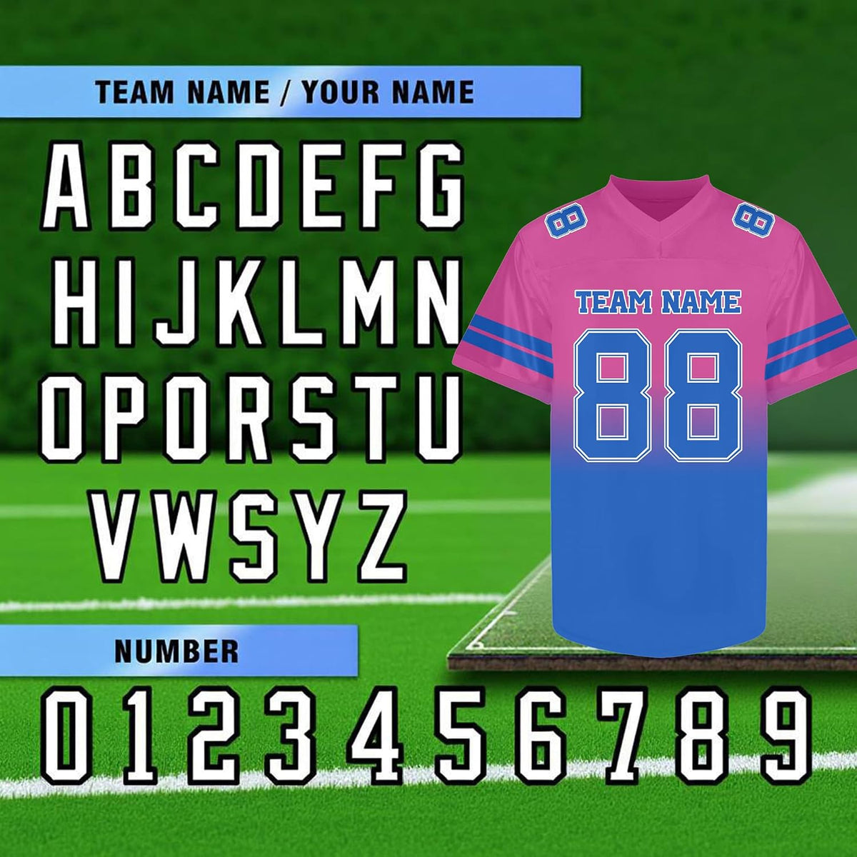 Custom Pink to Blue Gradient Football Jersey with Blue Sleeve Stripes
