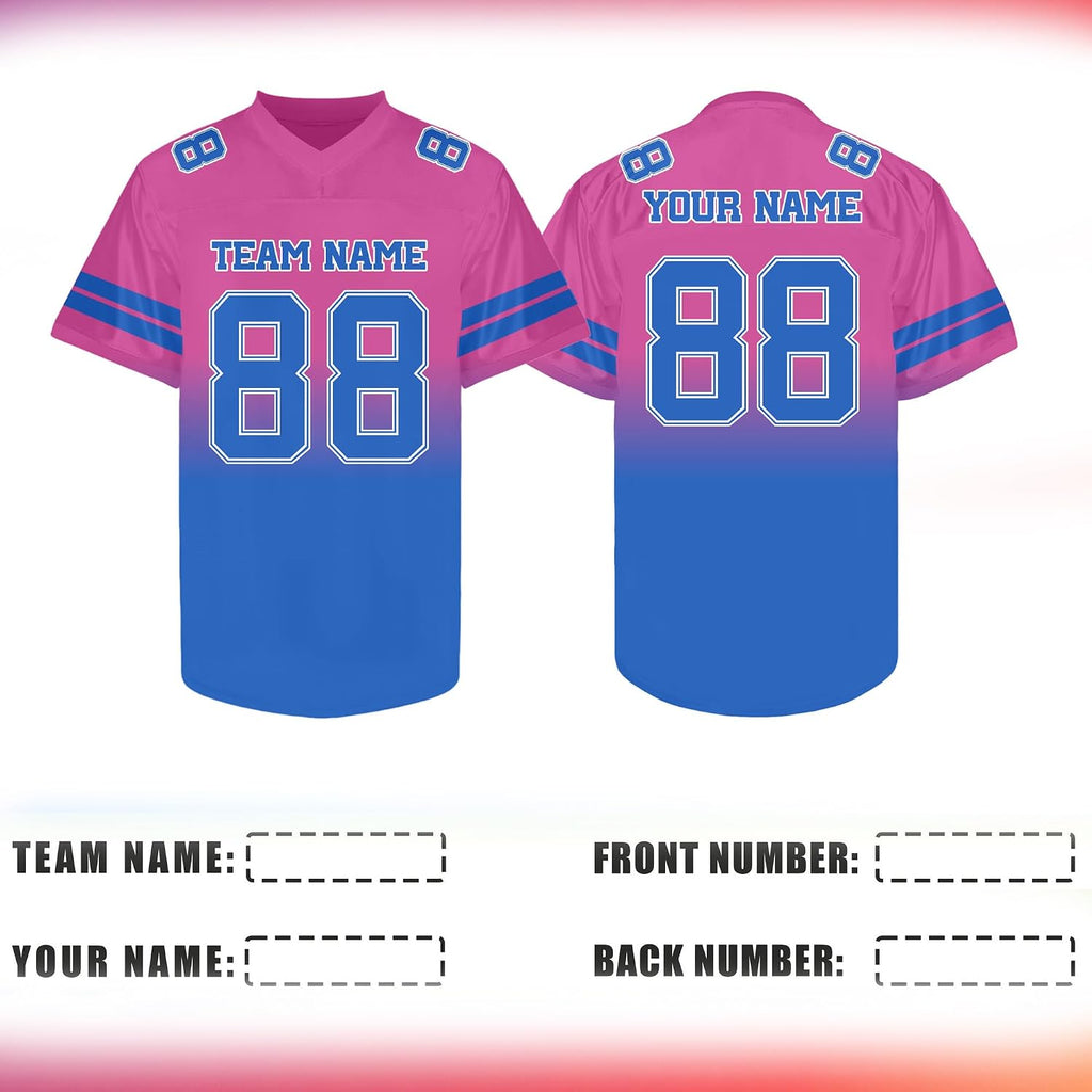 Custom Pink to Blue Gradient Football Jersey with Blue Sleeve Stripes