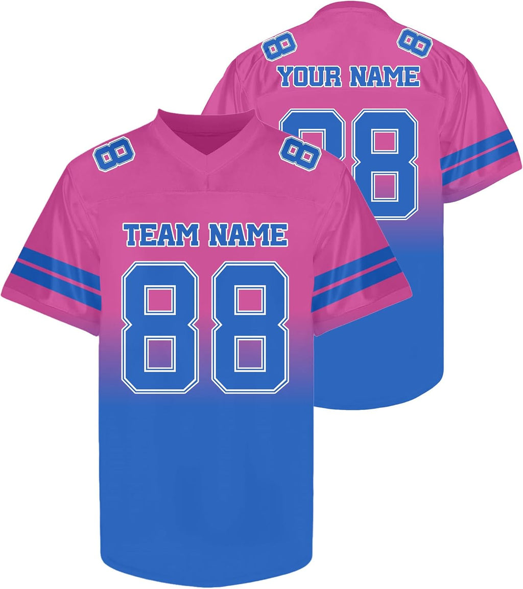 Custom Pink to Blue Gradient Football Jersey with Blue Sleeve Stripes