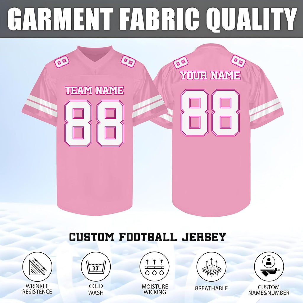 Custom Pink and White Football Jersey with Name, Number and Team Name