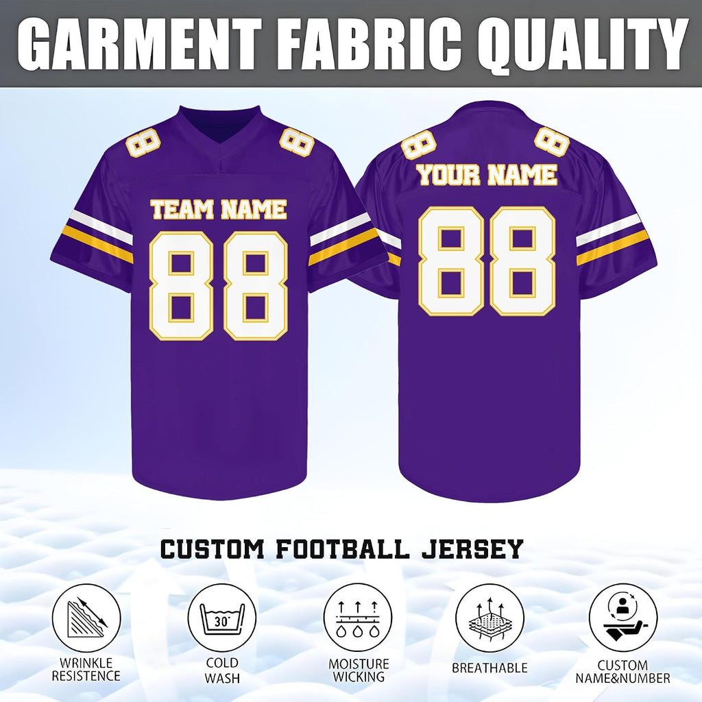 Custom Purple Football Jersey with White and Gold Double Sleeve Stripes