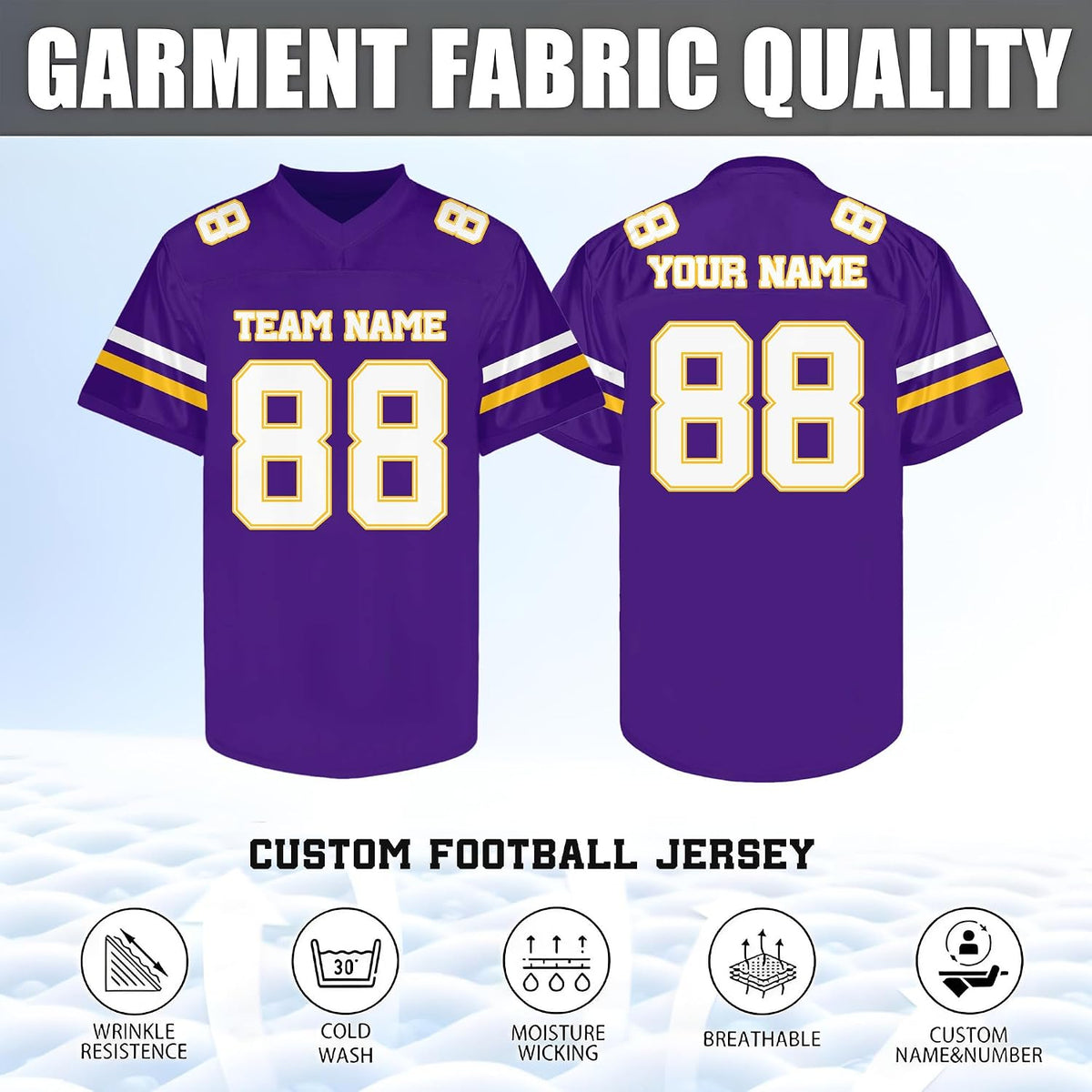 Custom Purple Football Jersey with White and Gold Double Sleeve Stripes