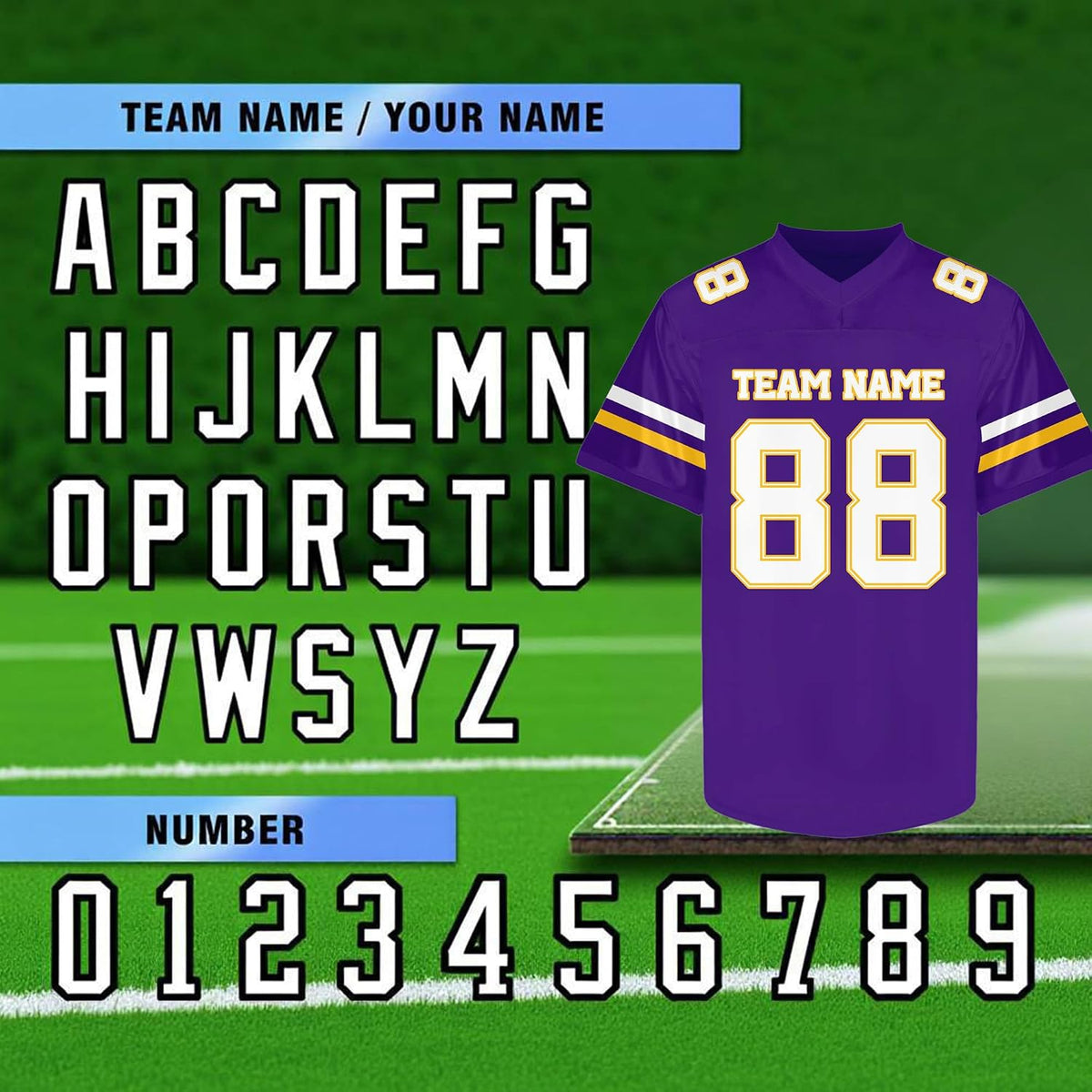 Custom Purple Football Jersey with White and Gold Double Sleeve Stripes