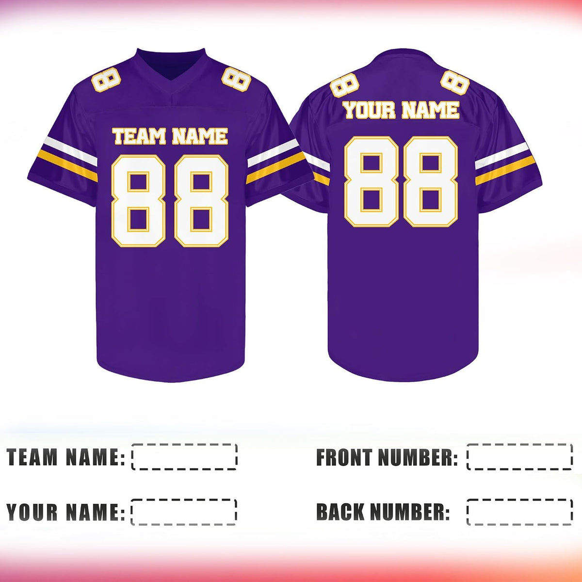 Custom Purple Football Jersey with White and Gold Double Sleeve Stripes