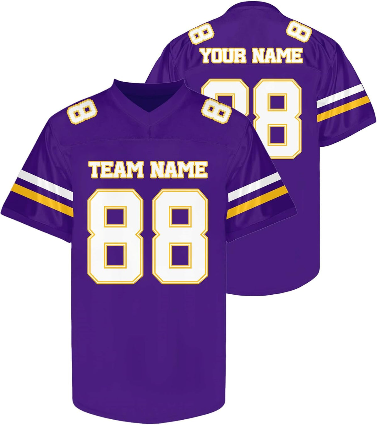 Custom Purple Football Jersey with White and Gold Double Sleeve Stripes