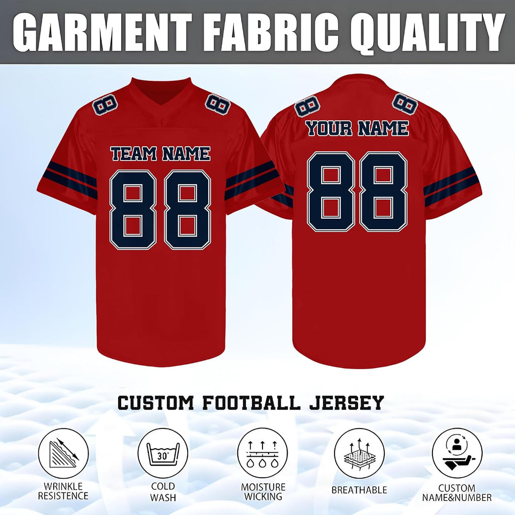 Custom Red Football Jersey with Navy Double Sleeve Stripes