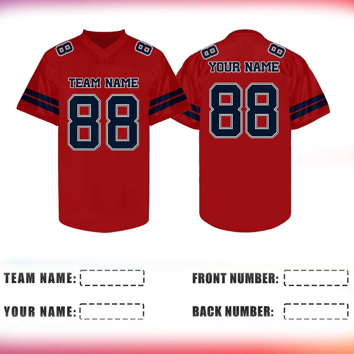Custom Red Football Jersey with Navy Double Sleeve Stripes