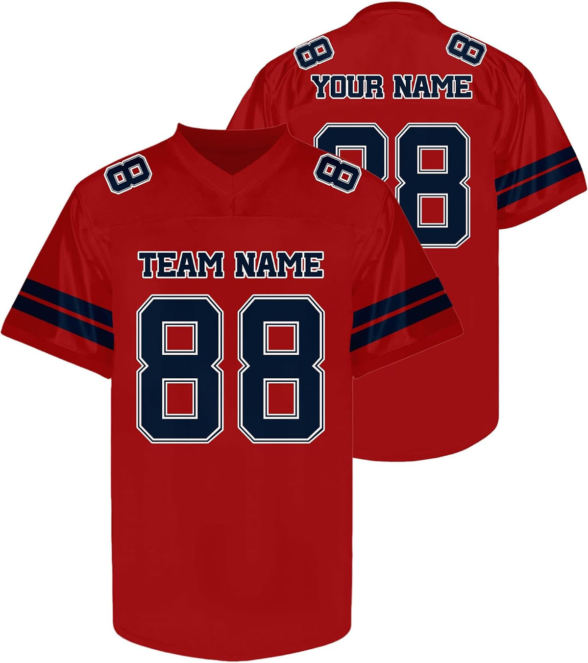 Custom Red Football Jersey with Navy Double Sleeve Stripes