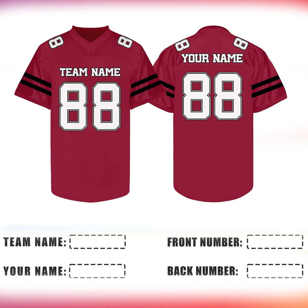Custom Red Football Jersey with White Double Sleeve Stripes