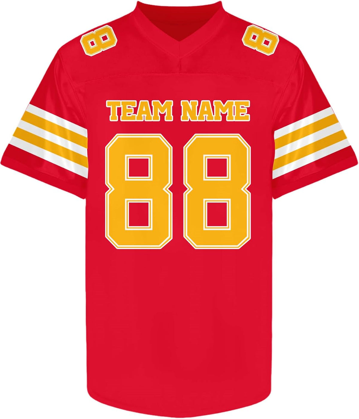 Custom Red Football Jersey with Gold and White Triple Sleeve Stripes