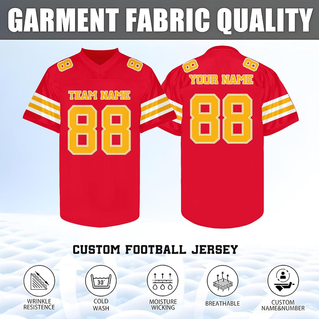 Custom Red Football Jersey with Gold and White Triple Sleeve Stripes