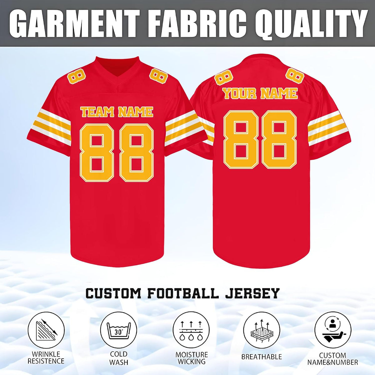 Custom Red Football Jersey with Gold and White Triple Sleeve Stripes