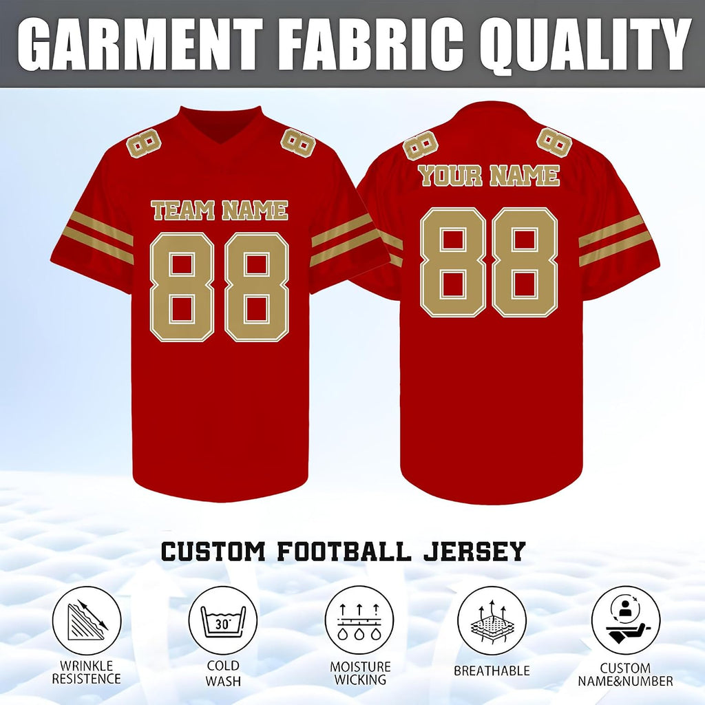 Custom Red Football Jersey with Gold Double Sleeve Stripes
